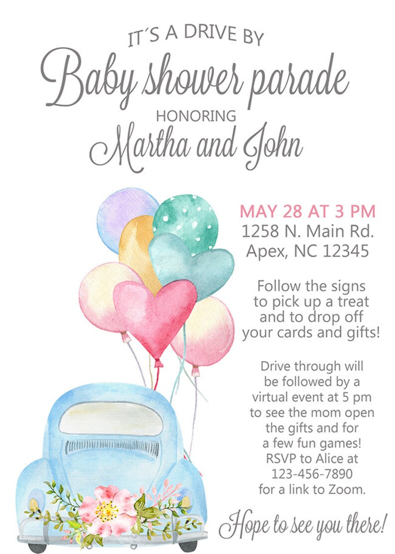 Blue Vintage Car BABY SHOWER PARADE Invitation Long Distance Etsy