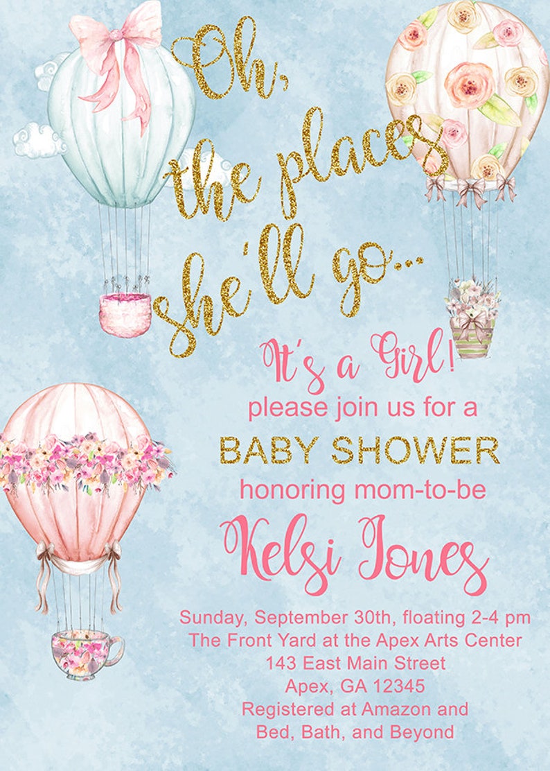 Digital Printable Oh The Places Shell Go Hot Air Balloons BABY SHOWER Invitation Pink /& Gold Girl Baby Shower Girl Baby Shower Invite