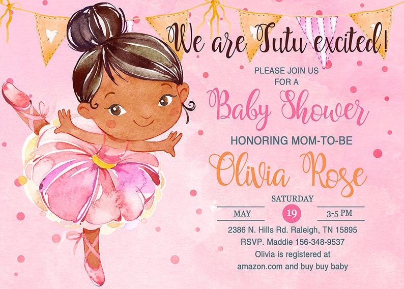 TUTU Excited Girl BABY SHOWER Invitation Cute Watercolor Girl Etsy