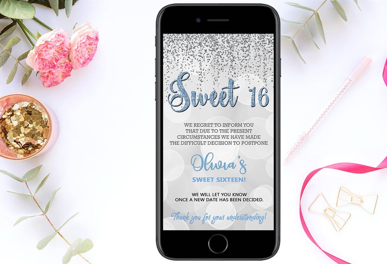 POSTPONED Cancelled BIRTHDAY Change of Plans Announcement Email Text Message SWEET 16 Birthday Cell Phone Announcement Postponed Birthday