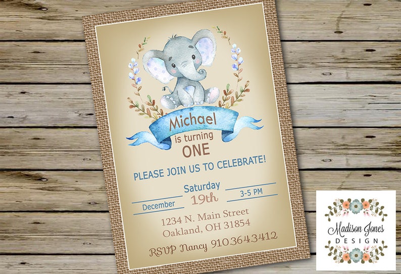Cute Baby ELEPHANT BIRTHDAY Invitation Cute Baby Elephant Boy Invite Birthday Invite Customized Digital Invitation High Resolution