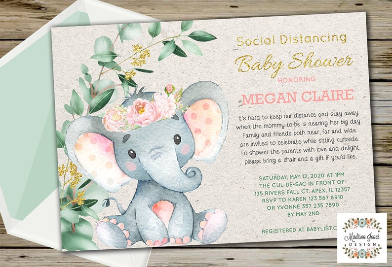 SOCIAL DISTANCING Baby Shower Invitation Girl ELEPHANT baby Etsy