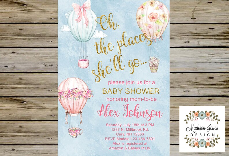 Digital Printable Oh The Places Shell Go Hot Air Balloons BABY SHOWER Invitation Pink /& Gold Girl Baby Shower Girl Baby Shower Invite