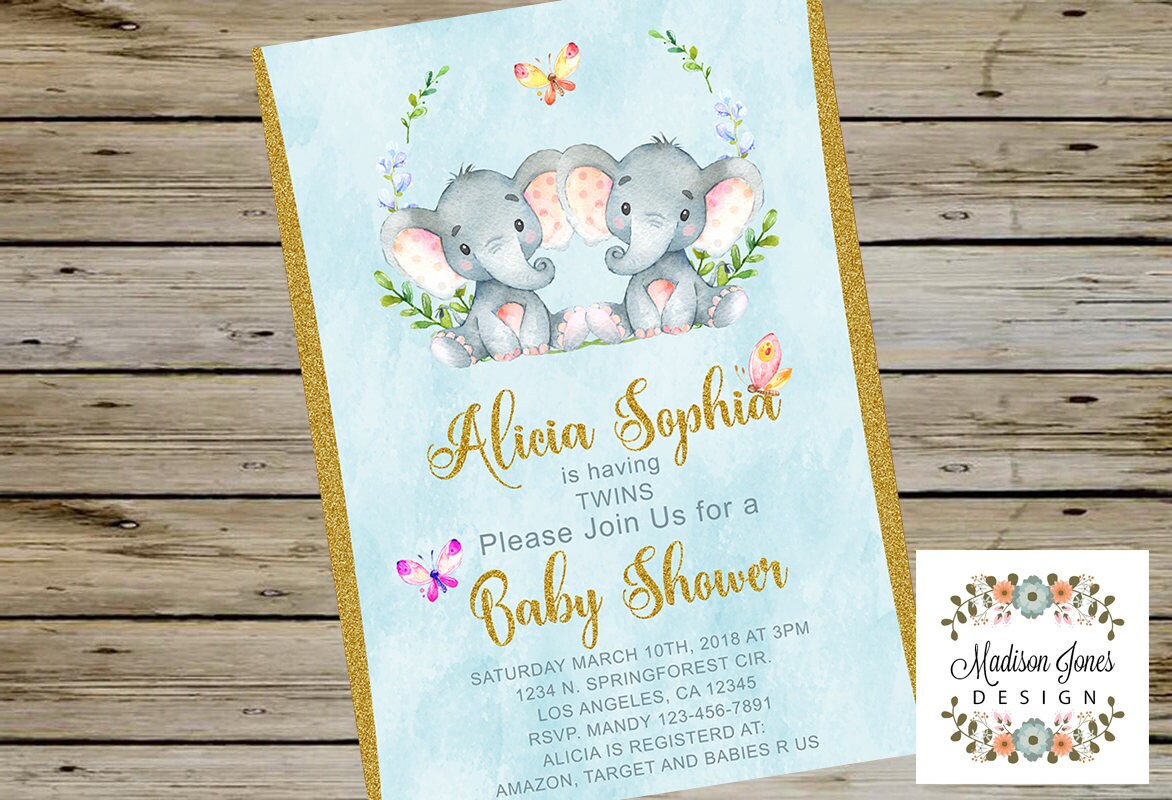 TWINS BABY SHOWER Invitation Baby Elephant Twins Baby Shower Etsy