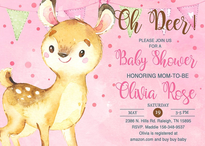 DEER Girl BABY SHOWER Invitation Cute Watercolor Deer Invite | Etsy