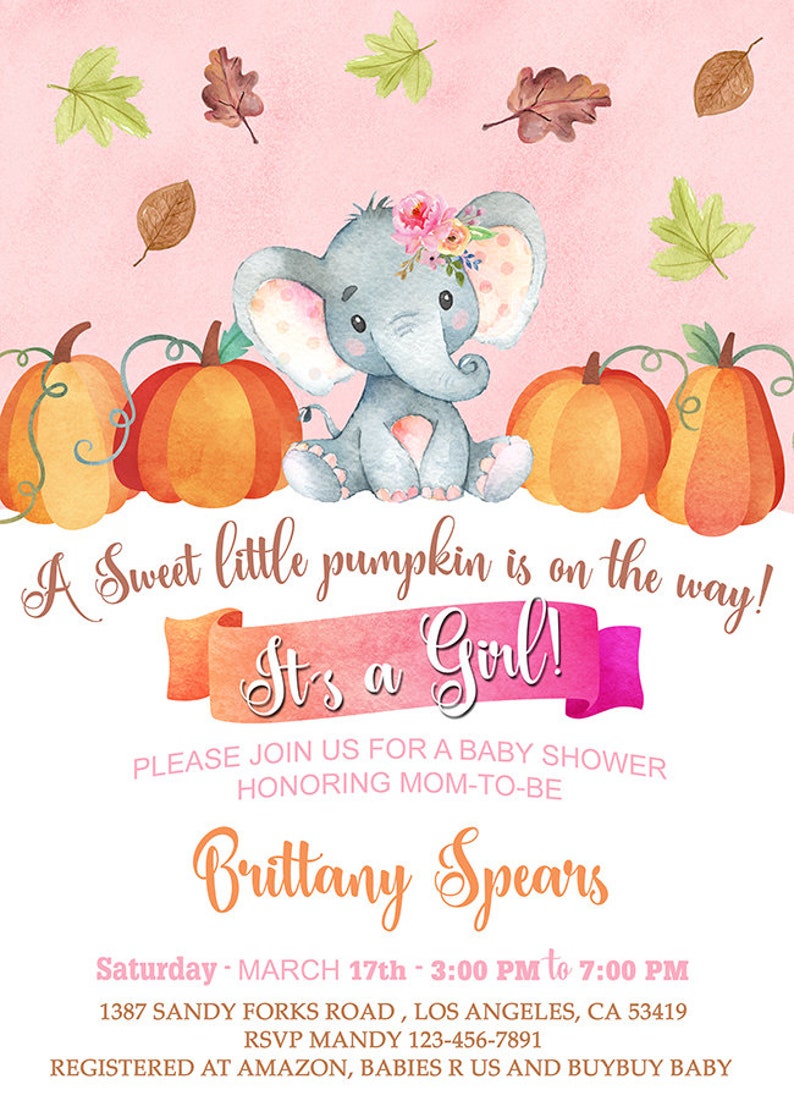 A sweet little Pumpkin. Pumpkin Girl Baby Shower Invite Elephant and Pumpkins Baby Shower INVITATION Customized Digital Printable