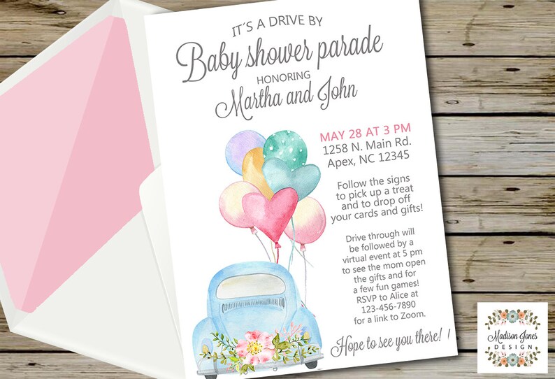 Blue Vintage Car BABY SHOWER PARADE Invitation Long Distance Etsy