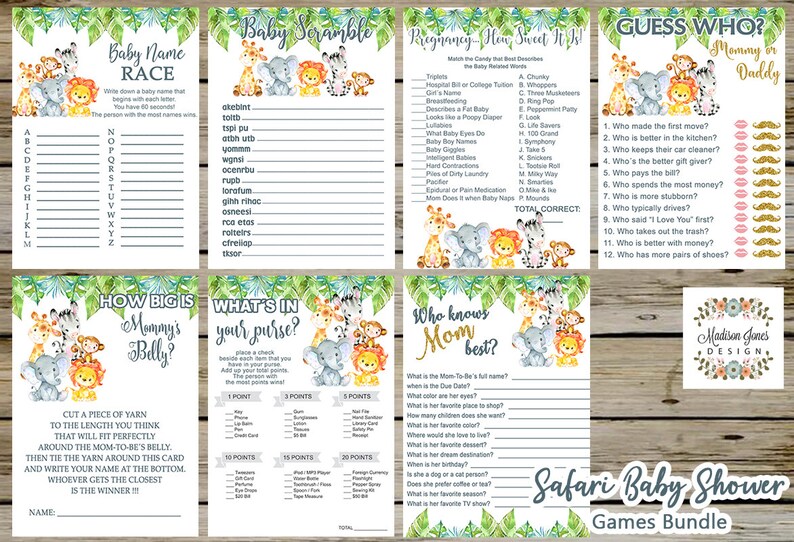 Safari Baby Shower Package Seven 7 Games Baby Shower Games Etsy