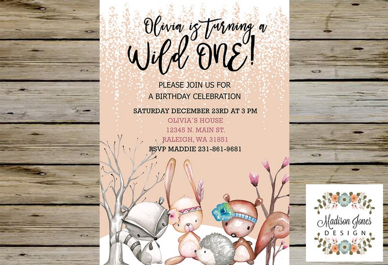 WOODLAND Boho Birthday INVITATION Tribal Boho Birthday Invite A Wild One Girl Birthday Invitation Winter Woodland Birthday Invitation