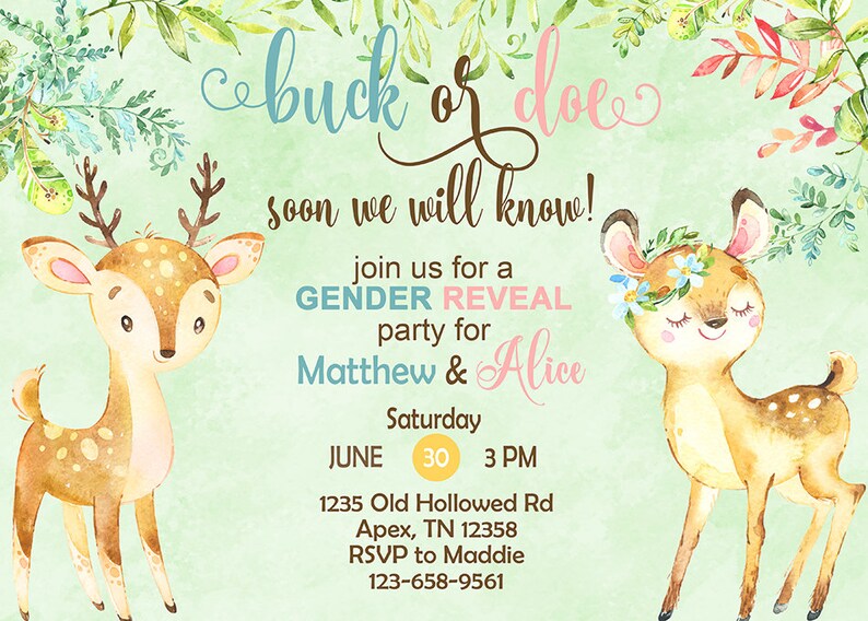 Gender Reveal Customized Digital Printable. Pink Blue Boy or Girl WOODLAND Buck or Doe GENDER REVEAL Invitation Gender Reveal Invite