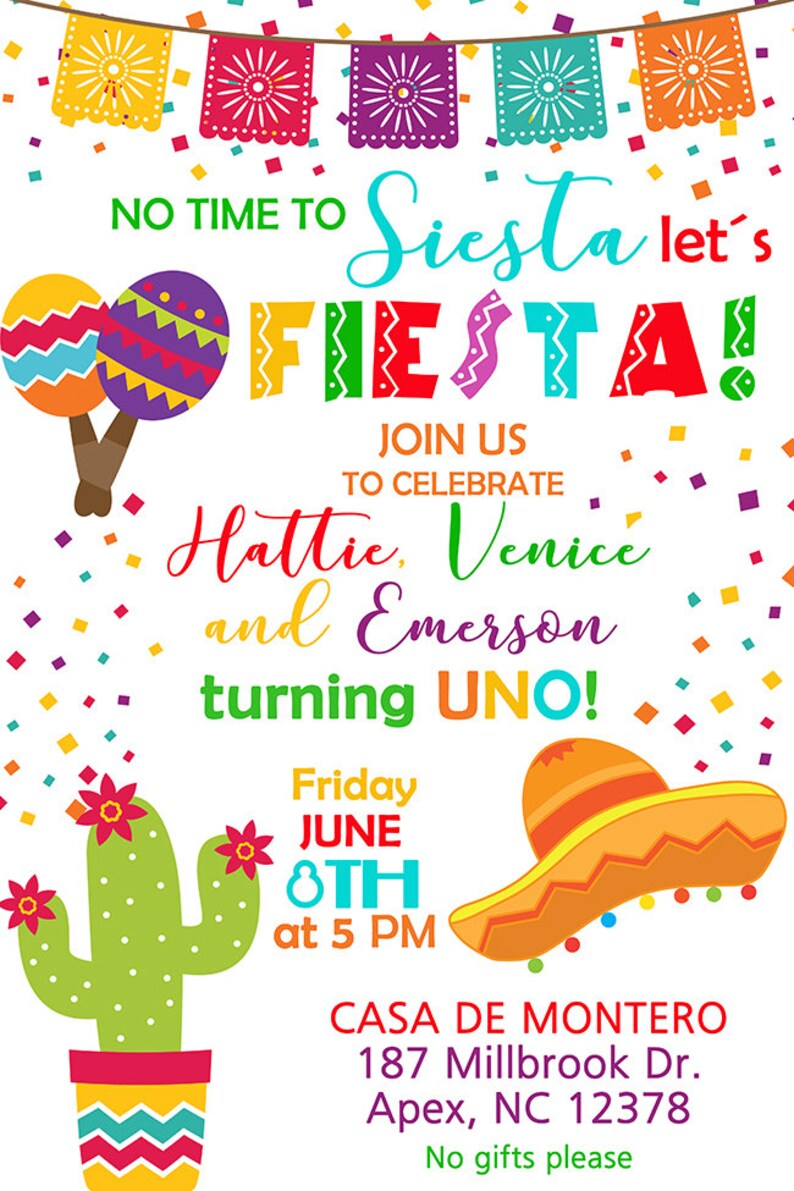 Fiesta Birthday Fiesta Birthday Party Invitation Triplets FIESTA BIRTHDAY INVITATION No time to Siesta Lets Fiesta Customized Printable