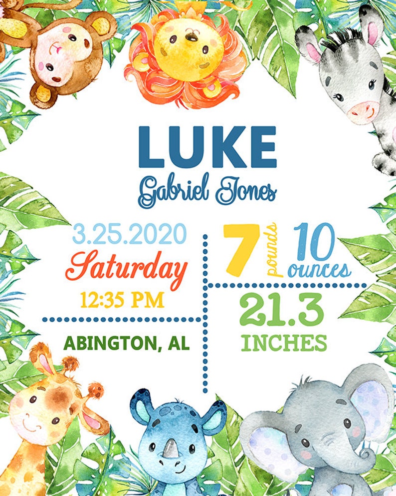 Announcement Poster Nursery Decor Elephant giraffe lion zebra monkey rhino Boy Custom Wall Decoration SAFARI ANIMALS Birth Stats Wall Art