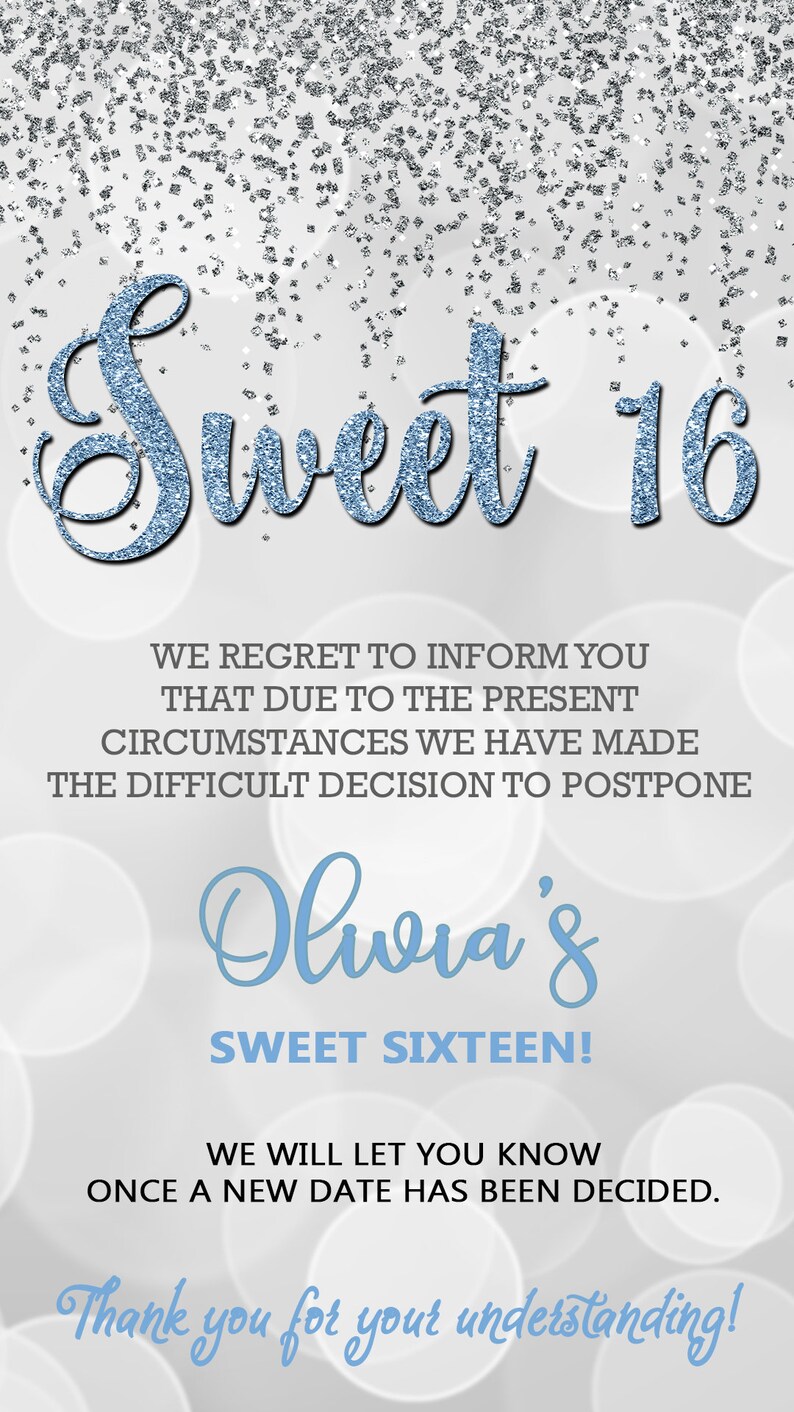 POSTPONED Cancelled BIRTHDAY Change of Plans Announcement Email Text Message SWEET 16 Birthday Cell Phone Announcement Postponed Birthday