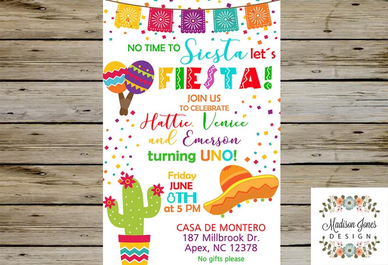 Fiesta Birthday Fiesta Birthday Party Invitation Triplets FIESTA BIRTHDAY INVITATION No time to Siesta Lets Fiesta Customized Printable