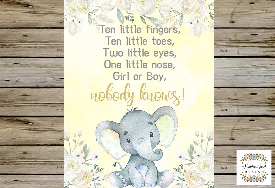 ELEPHANT Poem Baby Shower Sign Ten little fingers Ten little | Etsy