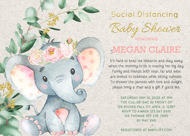 SOCIAL DISTANCING Baby Shower Invitation Girl ELEPHANT baby Etsy