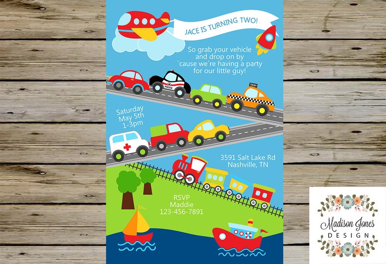 TRANSPORT Boy BIRTHDAY INVITATION Digital Printable Airplane Rocket Car Truck Train Boat Transportation Vehicles Boy Transport Invite