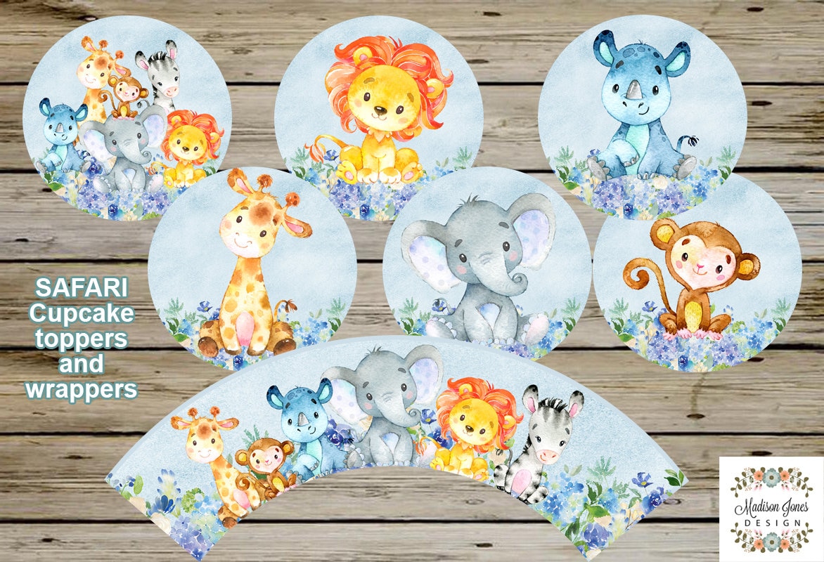 SAFARI CUPCAKE Toppers & Wrappers Boy Baby Shower ...