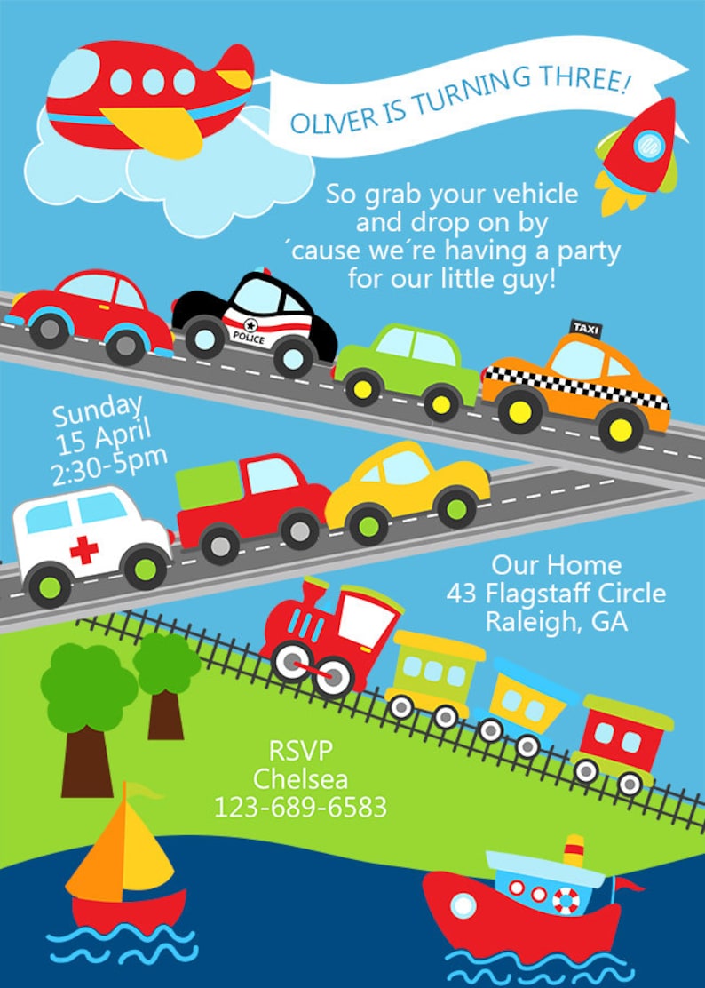 TRANSPORT Boy BIRTHDAY INVITATION Transportation Vehicles