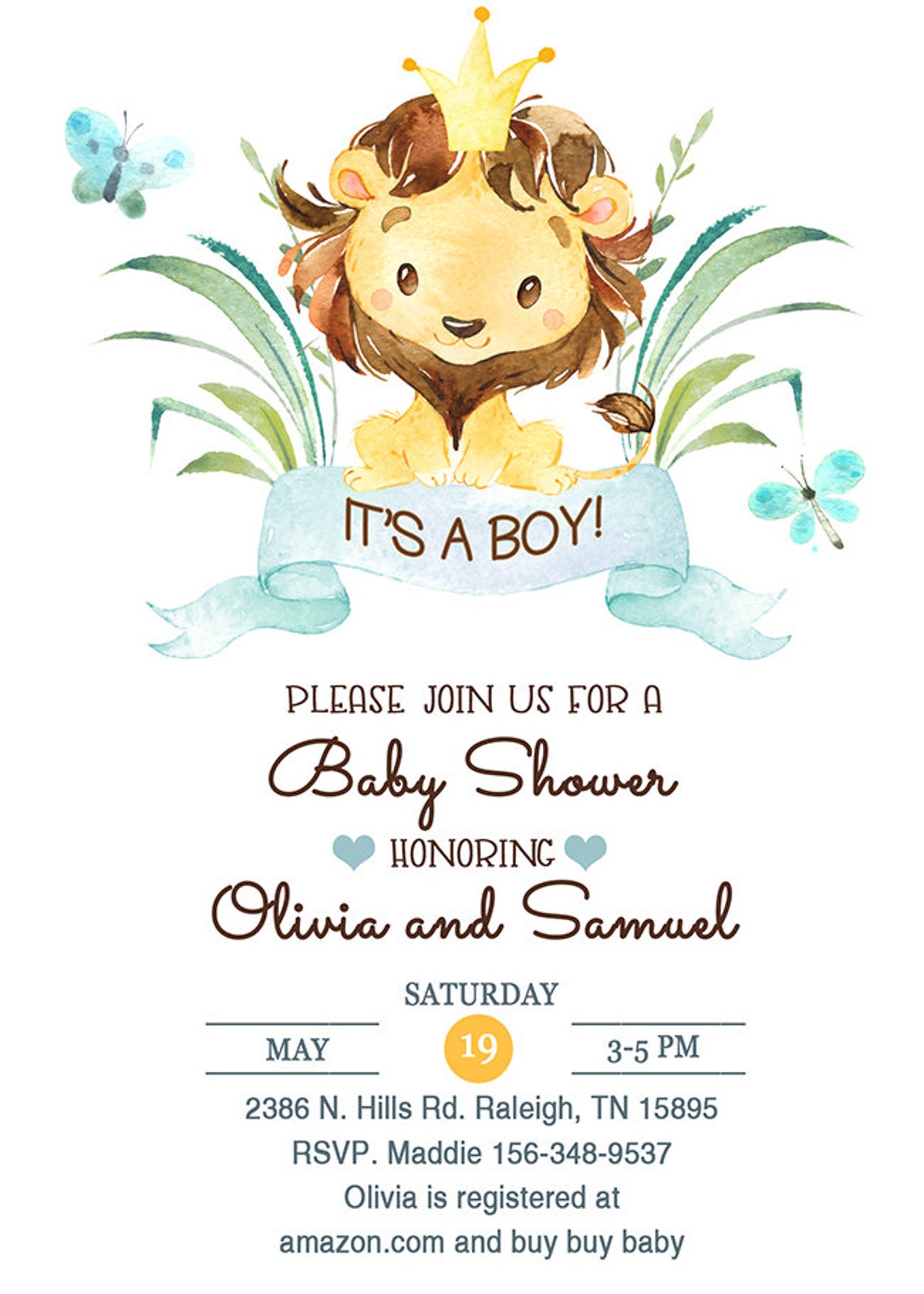 LION Boy BABY SHOWER Invitation Cute Watercolor Lion Invite Etsy
