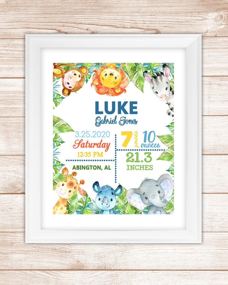 Announcement Poster Nursery Decor Elephant giraffe lion zebra monkey rhino Boy Custom Wall Decoration SAFARI ANIMALS Birth Stats Wall Art
