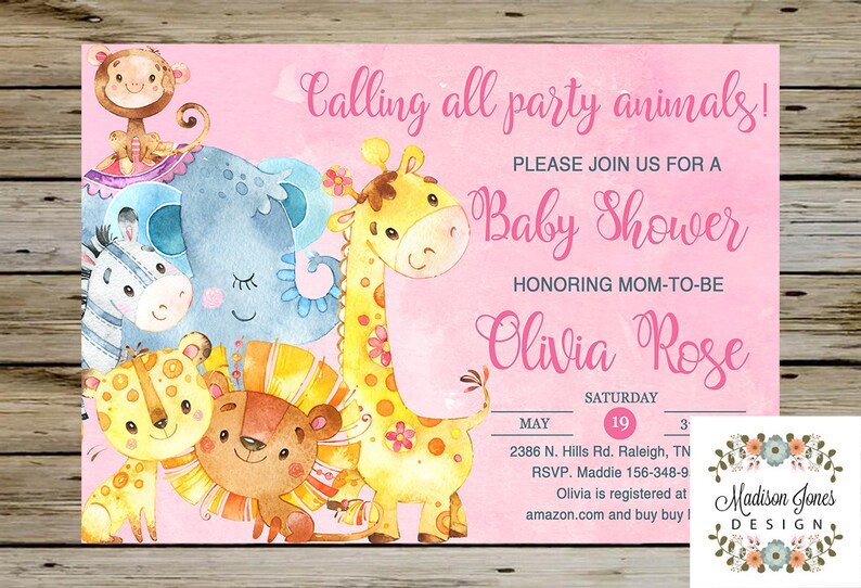 Safari Girl Baby Shower Invitation Cute Watercolor Invite Customized Digital Printable Theme
