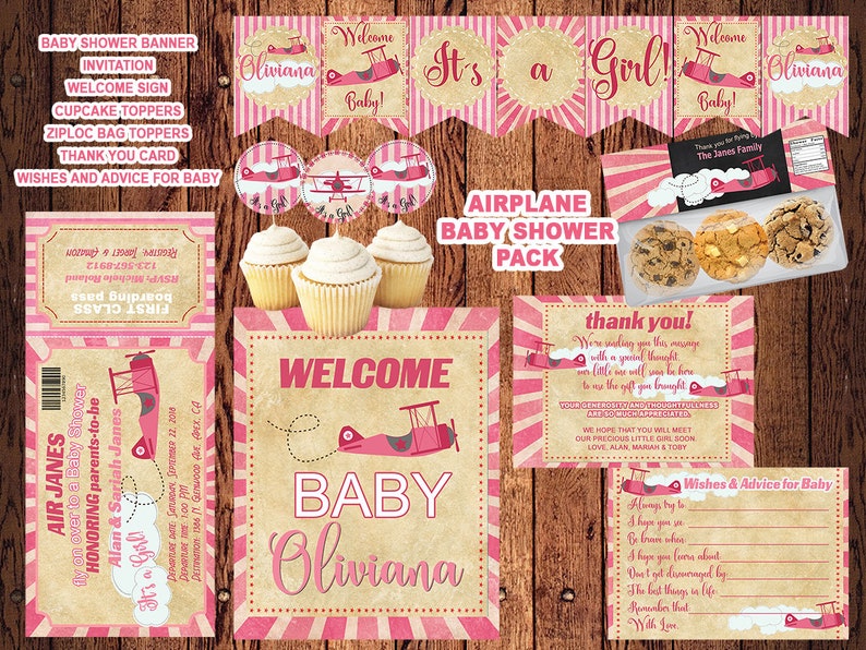 Invite Banner welcome Sign Toppers Thank you card Wishes for Baby card. Vintage AIRPLANE BABY SHOWER Package Airplane Baby Shower Pack