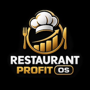 May include: A logo featuring a white chef hat above a gold circular frame containing a rising bar graph and an upward arrow. A gold fork and knife flank the circle. Below, the text reads RESTAURANT PROFIT OS in white and gold lettering.