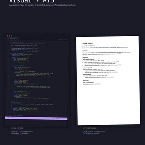 May include: A dark-themed graphic displaying two resume formats: a code-based visual resume on the left and a standard white-background ATS-friendly document on the right. The text includes "Visual + ATS," "Jordan Reyes," and "Two Delivery Paths."