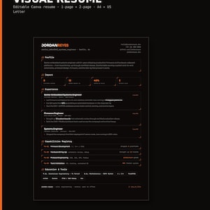 May include: A digital resume template titled Terminal Ops Visual Resume, featuring a dark background with orange text. The document includes sections for profile, impact, experience, capabilities registry, and education, formatted for A4 and US Letter.