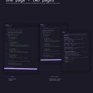 May include: A dark-themed digital display showing three windows with code and text. The header reads One page + two pages. The text includes Use the compact version for fast scanning or the expanded version for deeper technical context. The windows display technical data, project details, and professional references.
