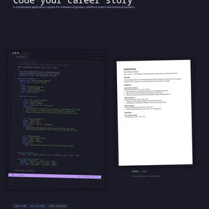 May include: A dark-themed digital display showing a career system for software engineers. On the left, a code editor interface displays a resume in JSON format. On the right, a white document shows a traditional resume for Jordan Reyes.