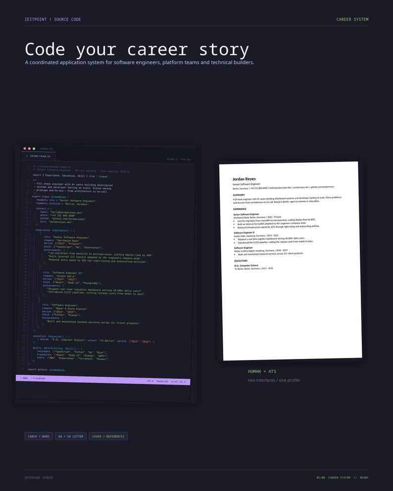 May include: A dark-themed digital display showing a career system for software engineers. On the left, a code editor interface displays a resume in JSON format. On the right, a white document shows a traditional resume for Jordan Reyes.