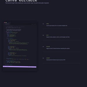 May include: A dark-themed digital template for a resume featuring a code-inspired layout. The document includes instructions for opening, editing, refining, and exporting the file as a PDF, with a visual representation of a software engineer's resume.