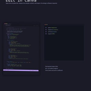 May include: A dark gray digital resume template featuring code-style text, an Edit in Canva header, and instructions including 01 open(template), 02 replace(content), 03 refine(accent), and 04 export(PDF). It notes A4 and US Letter project sizes.