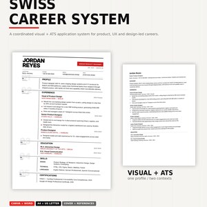 Może przedstawiać: Cyfrowy szablon dokumentu zatytułowany Swiss Career System zawierający dwa układy życiorysów dla Jordan Reyes. Układ zawiera sekcje dotyczące profilu, doświadczenia, wykształcenia, umiejętności i certyfikatów z czarnym tekstem na białym tle.
