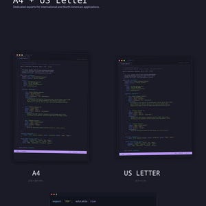 May include: A dark-themed digital interface displaying A4 and US Letter page standards for code exports. The layout features two code blocks, labeled A4 at 210 x 297 mm and US Letter at 8.5 x 11 in, with a bottom panel showing export: PDF, editable: true.