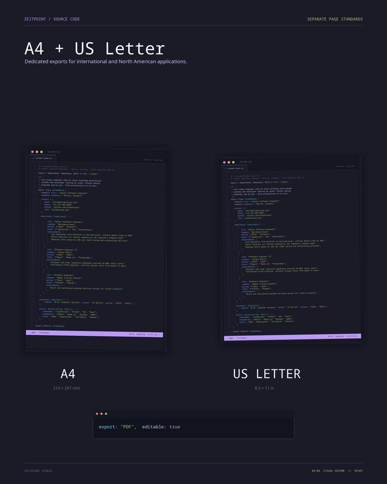 May include: A dark-themed digital interface displaying A4 and US Letter page standards for code exports. The layout features two code blocks, labeled A4 at 210 x 297 mm and US Letter at 8.5 x 11 in, with a bottom panel showing export: PDF, editable: true.