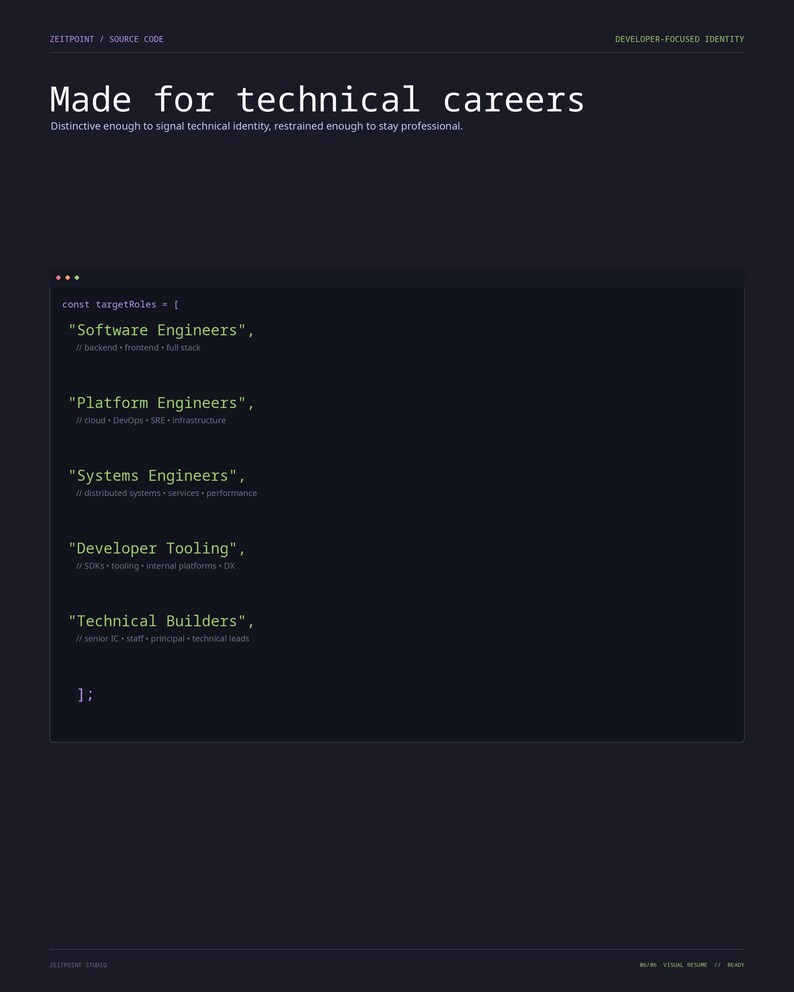 May include: A dark navy digital graphic featuring the text Made for technical careers and a code snippet defining targetRoles as an array containing Software Engineers, Platform Engineers, Systems Engineers, Developer Tooling, and Technical Builders.