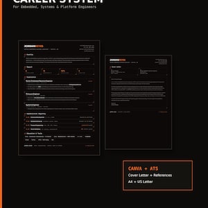 May include: A black resume and cover letter template set titled Terminal Ops Career System for Embedded, Systems & Platform Engineers. The documents feature white and orange text on a dark background, including sections for profile, impact, experience, and capabilities registry.
