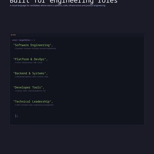 May include: A dark-themed graphic featuring the text 'Built for engineering roles' and a code snippet defining 'targetRoles' as an array containing Software Engineering, Platform & DevOps, Backend & Systems, Developer Tools, and Technical Leadership.