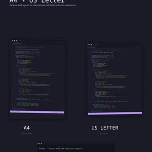 May include: A dark-themed digital document displaying code snippets for A4 and US Letter page standards. The text includes 'A4 + US Letter', 'Purpose-built layouts for international and North American applications', 'A4 210 x 297 mm', 'US LETTER 8.5 x 11 in', and 'format: choose what the employer expects'.