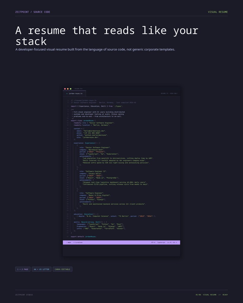 May include: A dark-themed visual resume template featuring code-style text. The header reads 'A resume that reads like your stack' followed by a code block displaying professional experience, education, and skills in a dark gray interface.