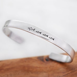 Three Baby Sharks Cuff Bracelet Funny Gift for Mom Hand Stamped Silver Jewelry for Mommy Sharks Silver Hand Stamped Cuff Bracelet image 3