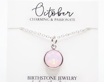 Moonstone Birth Month Necklace, Stainless Steel October Rose Birthstone Necklace, Personalized Silver Birthstone Charm Necklace for Her