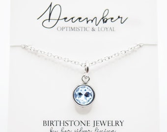 Stainless Steel Blue Zircon Birthstone Necklace, December Birthstone Necklace, Silver Birthstone Charm Necklace for Her Birth Month Jewelry