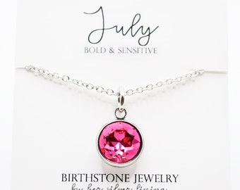 July Birthstone Necklace, Stainless Steel Red Ruby Birthstone Necklace, Silver Birthstone Charm Necklace for Her Personalized Jewelry