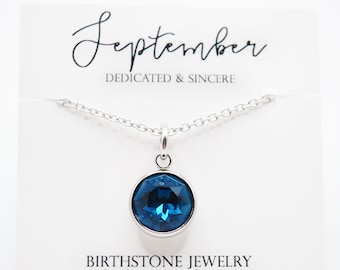 Blue Sapphire Birth Month Necklace, Stainless Steel September Birthstone Necklace, Personalized Silver Birthstone Charm Necklace for Her