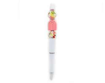 Coral Pink Rainbow Pen, White Beaded Pens, Cute Gifts for Friend Birthday Gift, Silicone Beaded Girly Pens Flower, Journaling Accessories