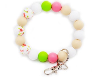 Pink Silicone Bead Keychain Bracelet, Valentine's Beaded Bracelet, Floral Keychain Wristlet, Gift for Girlfriend, Silicone Wristlet